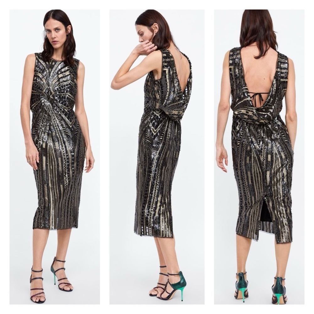 ZARA Sequin Black Sleeveless Party Dress Open Draped Back Glamour M Event